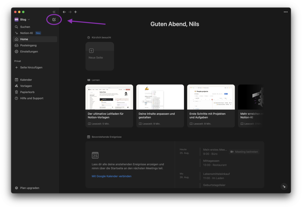Notion - Neue Seite erstellen
