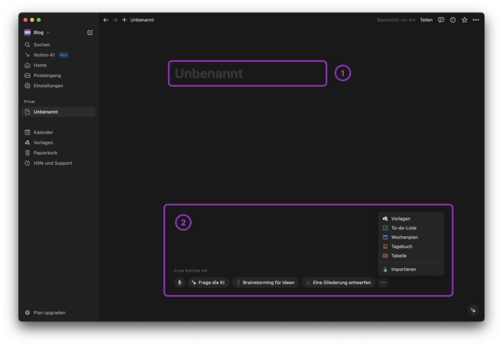 Notion - Neue Seite einrichten