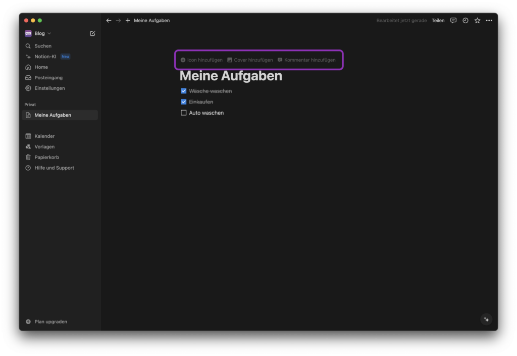 Notion - Neue Seite personalisieren