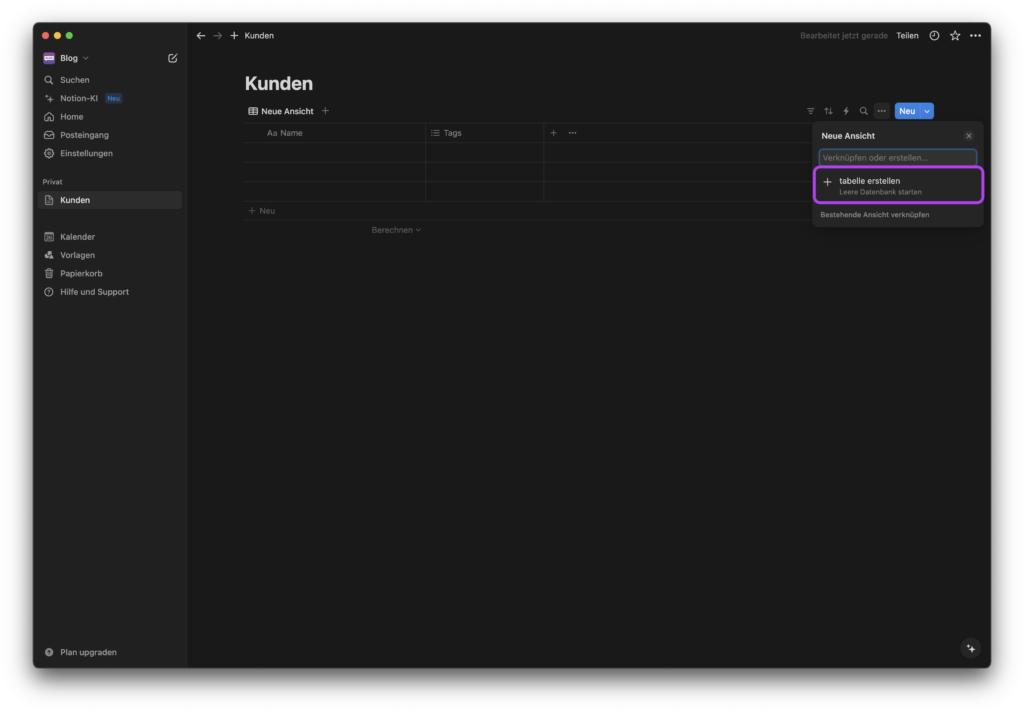 Notion - Tabelle erstellen