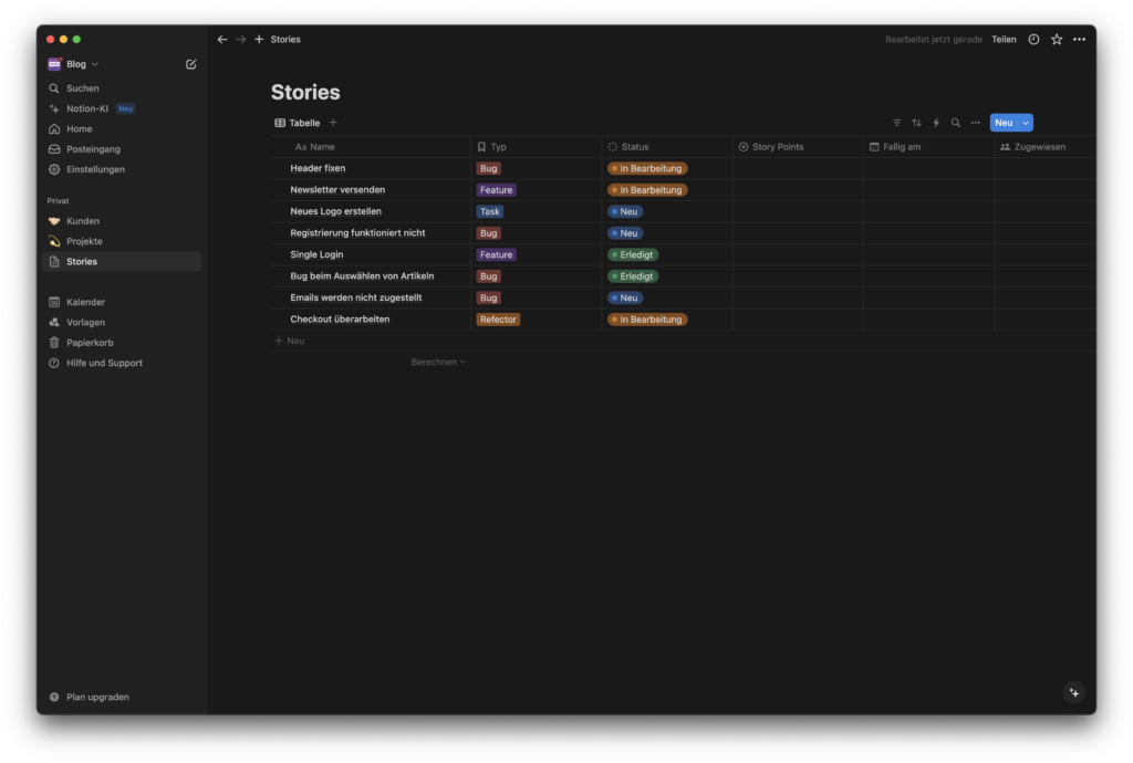 Notion - Story und Aufgaben Boards